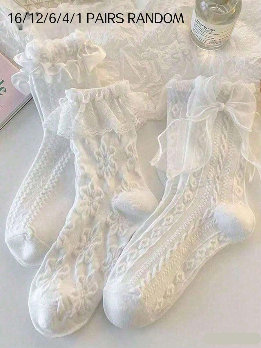 16/12/6/4/1 Pairs Women's Lace Trim Mid-Calf Socks, Preppy Casual Socks, Socks Socks Women Fall Back To School - White - View 1