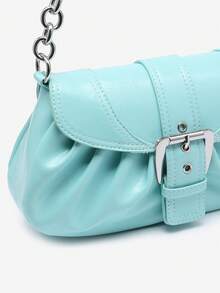 1pc Vintage Button Decor Blue Pleated Cloud Flap Shoulder Chain Underarm Tassel Bag Suitable For Dating, Outing, Party - Mint Blue - View 3