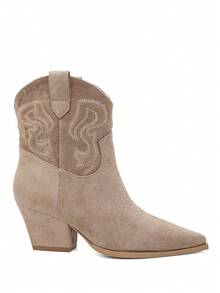 REYNEA Women's Western Y2K Vintage Cowboy Embroidered Boots, Pointed Toe, Chunky Heel, Side Zipper, Perfect For Daily Wear - Khaki - View 5