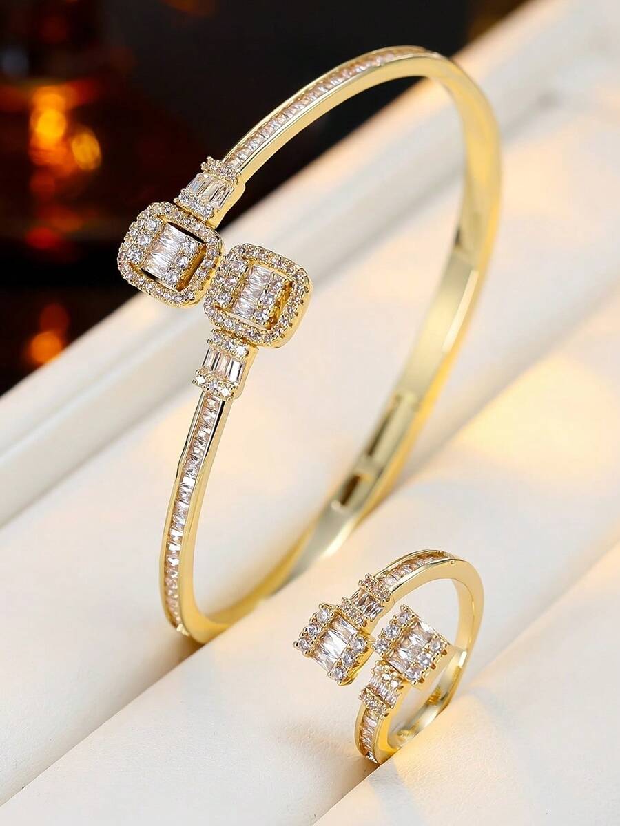 1 Set Women's Fashion Luxury Open Cuff Bracelet & Ring 2pcs Set, Square Copper Zirconia Inlaid, Party & Daily Wear Accessories, Gift - Jewelry Set - View 1