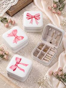 Bow Print Jewelry Organizer Display Travel Jewelry Zipper Case Boxes Earrings Necklace Ring Portable Jewelry Box Leather Storage - White - View 5