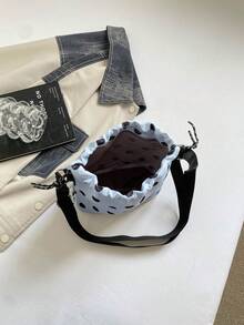1 pieza Bolso cubo de nailon de unicolor con cordón y patrón de lunares, bolso bandolera de moda para mujer - Celeste - Ver 7