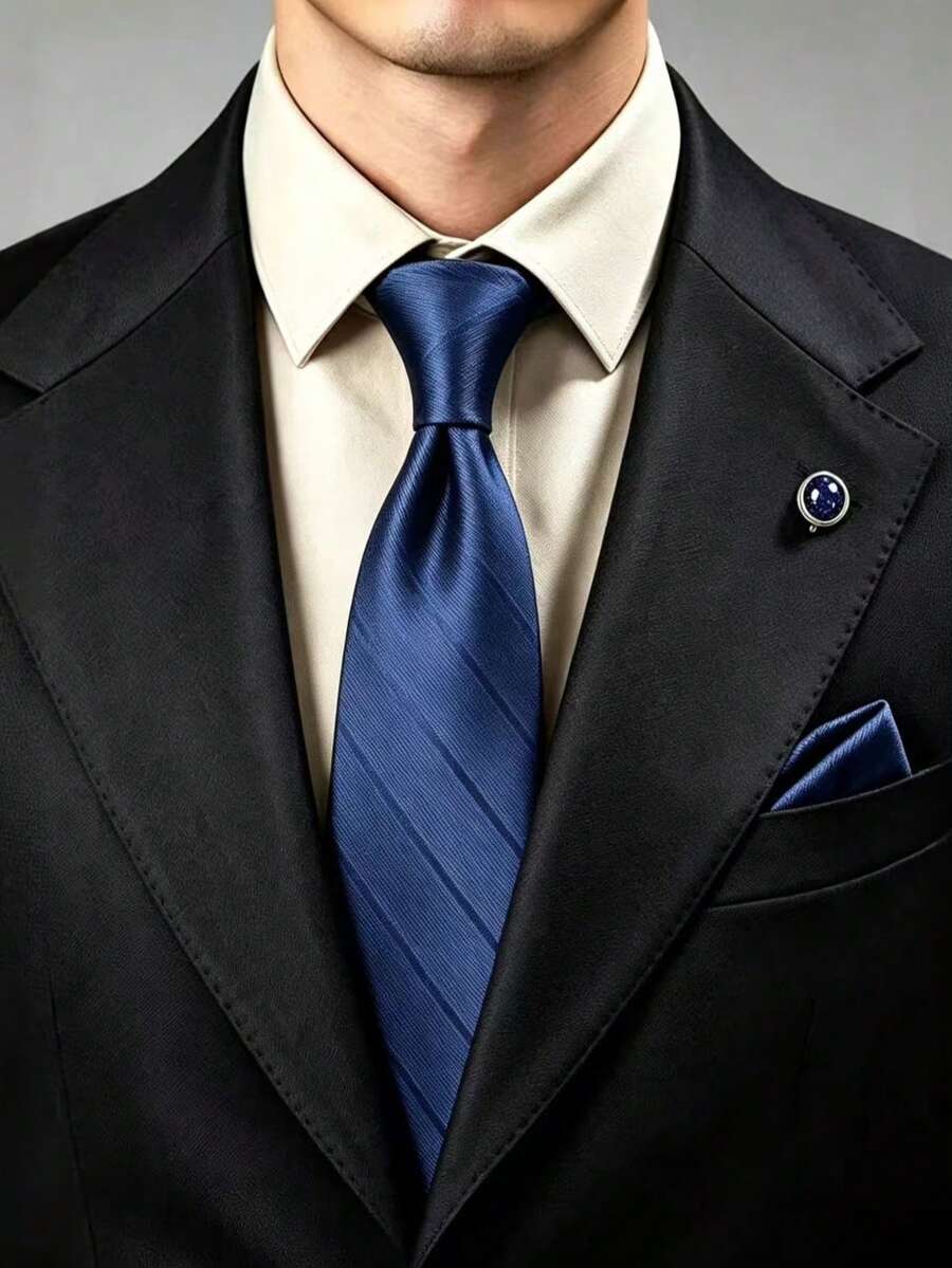 1套時尚高端領帶與口袋巾2件組,適合商務休閒、婚禮宴會 - 藍色 - 查看 1