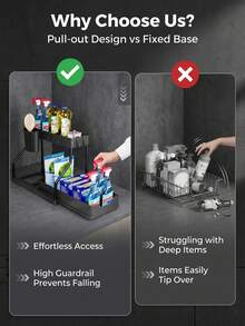 Double-Layer Under Sink Storage Rack With Smooth Pull-Out Mesh Basket Drawer, Double Storage Space Organizer With Side Hooks And Detachable Storage Cup, Pull-Out Cabinet Organizer For Kitchen And Bathroom Cleaning Supplies - Black - View 3