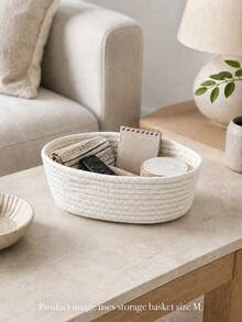 1pc Khaki Handmade Woven Storage Basket, Natural Style Small Desktop Organizer Tray, Round Opening Design, Suitable For Cosmetics, Keys, Snacks, Jewelry, Stationery, Bedroom Office Living Room Home Decor - Khaki - View 9
