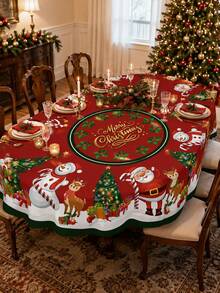 1pc Merry Christmas Santa Claus Snowman Round Tablecloth, Holiday Red Polyester Tablecloth, Printed With Reindeer, Christmas Tree, Holly And Gift Patterns, Reusable, Suitable For Kitchen, Holiday Party, Banquet And Home Decor - Multicolor - View 7