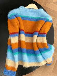 Women's Colorful Striped Fuzzy Knit Sweater, Long Sleeve Crew Neck Loose Fit, Autumn/Winter Casual Pullover, Vintage Sweet Style - Mint Blue - View 3