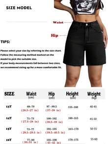 Teens' Solid Color Denim Shorts, Fashionable Casual Black For Summer - Black - View 6