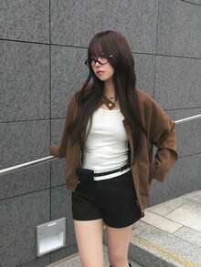 Vintage Stand Collar Zipper Motorcycle Jacket For Women - Khaki - View 2