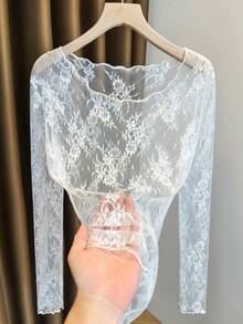 White Floral Lace Long Sleeve Top With Ruffled Collar, Gentle Style Hollow Mesh Daily Commute Sun Protection Base Layer - White - View 1