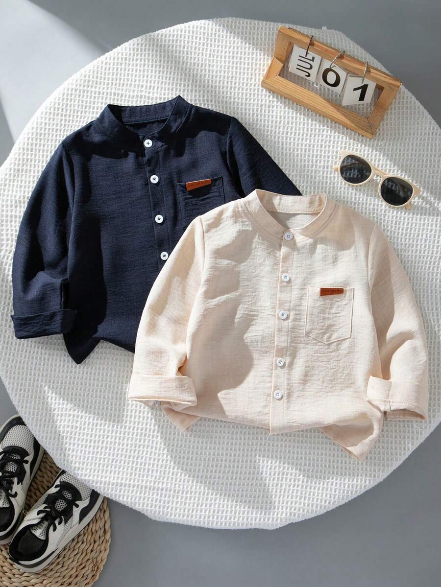 2pcs/Set Boys' Fashionable Comfortable Woven Fabric Small Stand Collar Cardigan Pocket Leather Patch Decor Apricot & Navy Blue Long Sleeve Shirts, Open Front Design, Suitable For Commuting, School, Casual, Vacation, Sports, Spring And Autumn - Multicolor - View 1