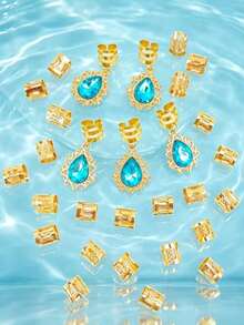 29pcs Vintage Blue Water Drop Gemstone Pendant Dreadlock Hair Clips, Gold Metal Braided Hair Accessories, Exotic Style Music Festival Headpiece - Multicolor - View 2