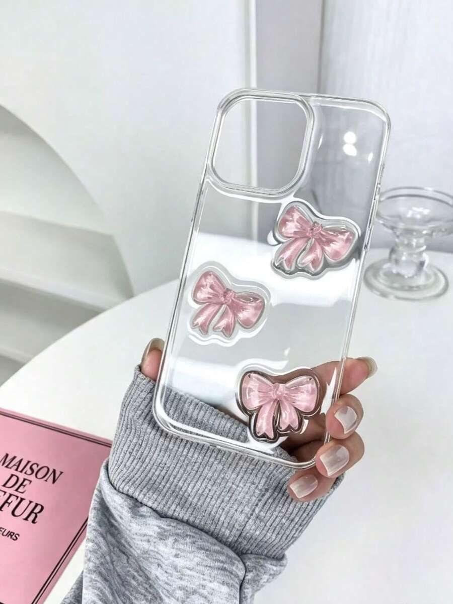 紋理透明珍珠環氧樹脂蝴蝶結壓克力大孔 2合1手機殼,適用於 iPhone 11 12 13 14 15 Pro Max - 無色 - 查看 1