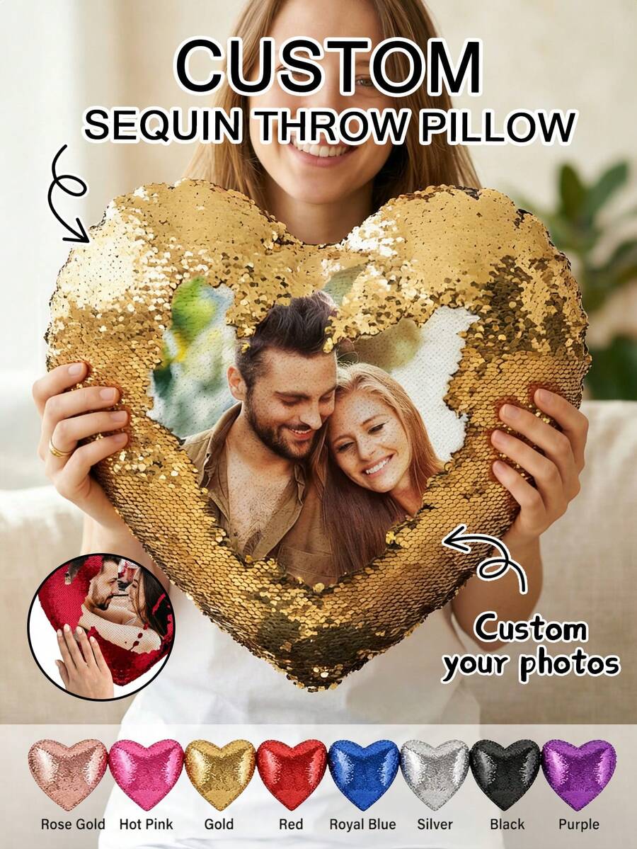 Custom Personalized Sequin Heart Throw Pillow - Photo Reversible Magic Pillow - Unique Gift For Couples, Family, Baby - Home Decor, Sofa, Bedroom, Valentine's Day, Anniversary - Multicolor - View 1