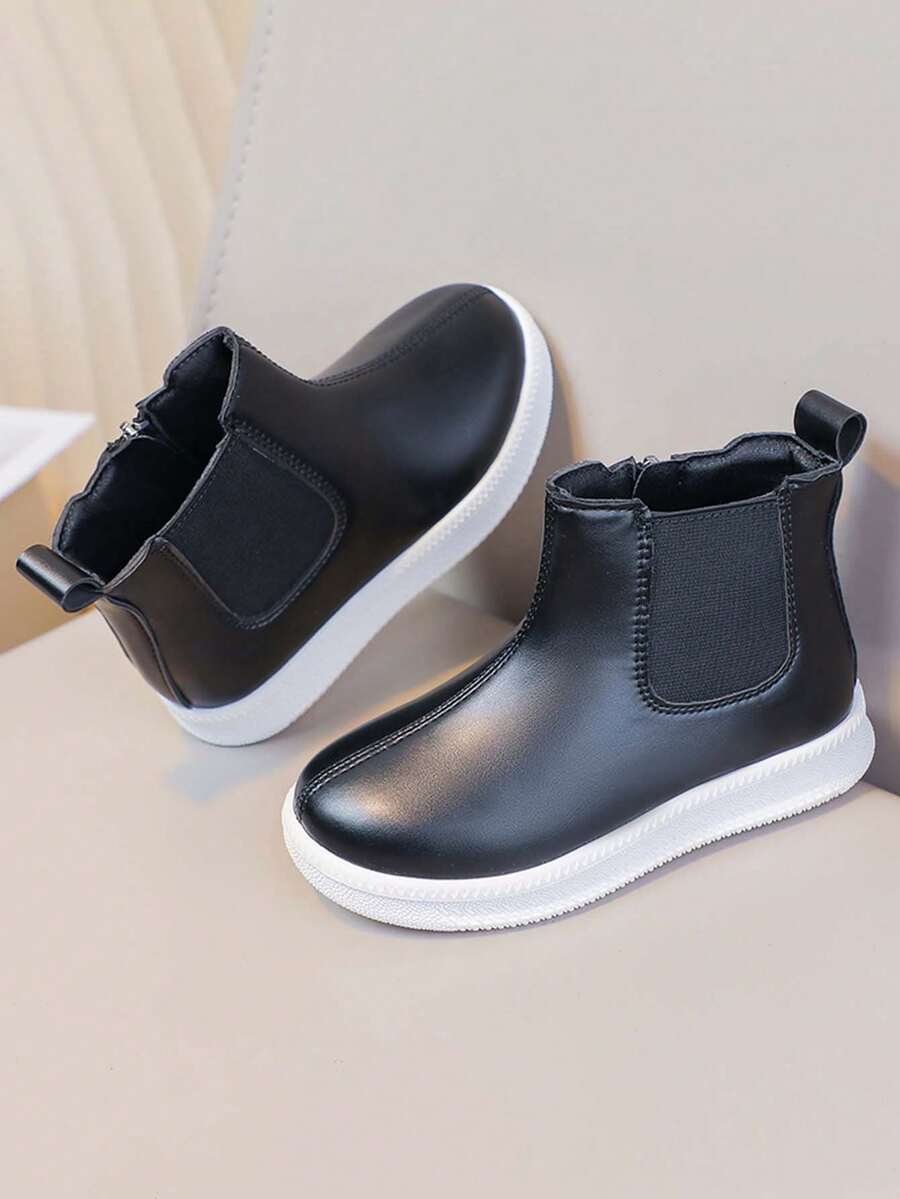 Children's Black Side Zipper Elastic Cuff Anti-Slip Thick Sole Casual Versatile Boots - Black - View 1
