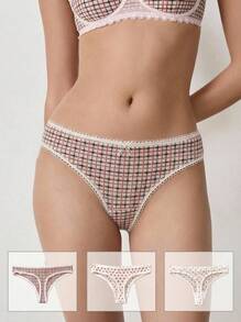 Aesletic 3Pcs Sweet Bow Detail Low Rise Thong Soft Comfortable Lace Trim Briefs - Multicolor - View 1