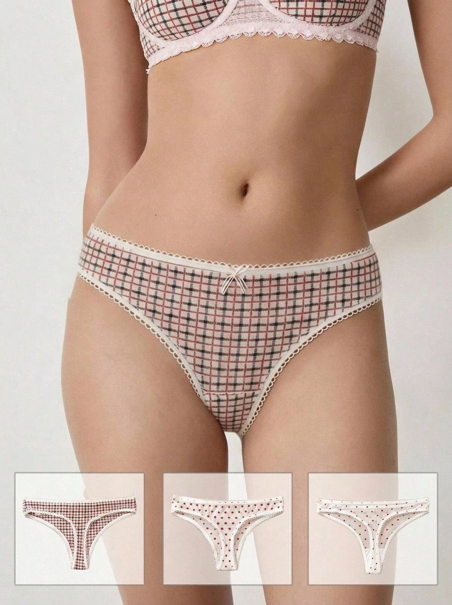 Aesletic 3Pcs Sweet Bow Detail Low Rise Thong Soft Comfortable Lace Trim Briefs - Multicolor - View 1