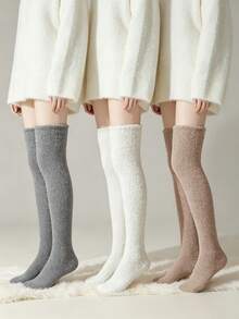 3 Pairs Women's Winter Coral Fleece Over-The-Knee Long Socks, Thickened Warm Fuzzy Slouch Socks, Soft Cozy Home Sleep Leg Warmers, Grey White Coffee Gentle Solid Colors, High-Top Calf Wrap Windproof Cold-Resistant, Elastic Cuff Non-Tight, Home Warmth - Multicolor - View 1