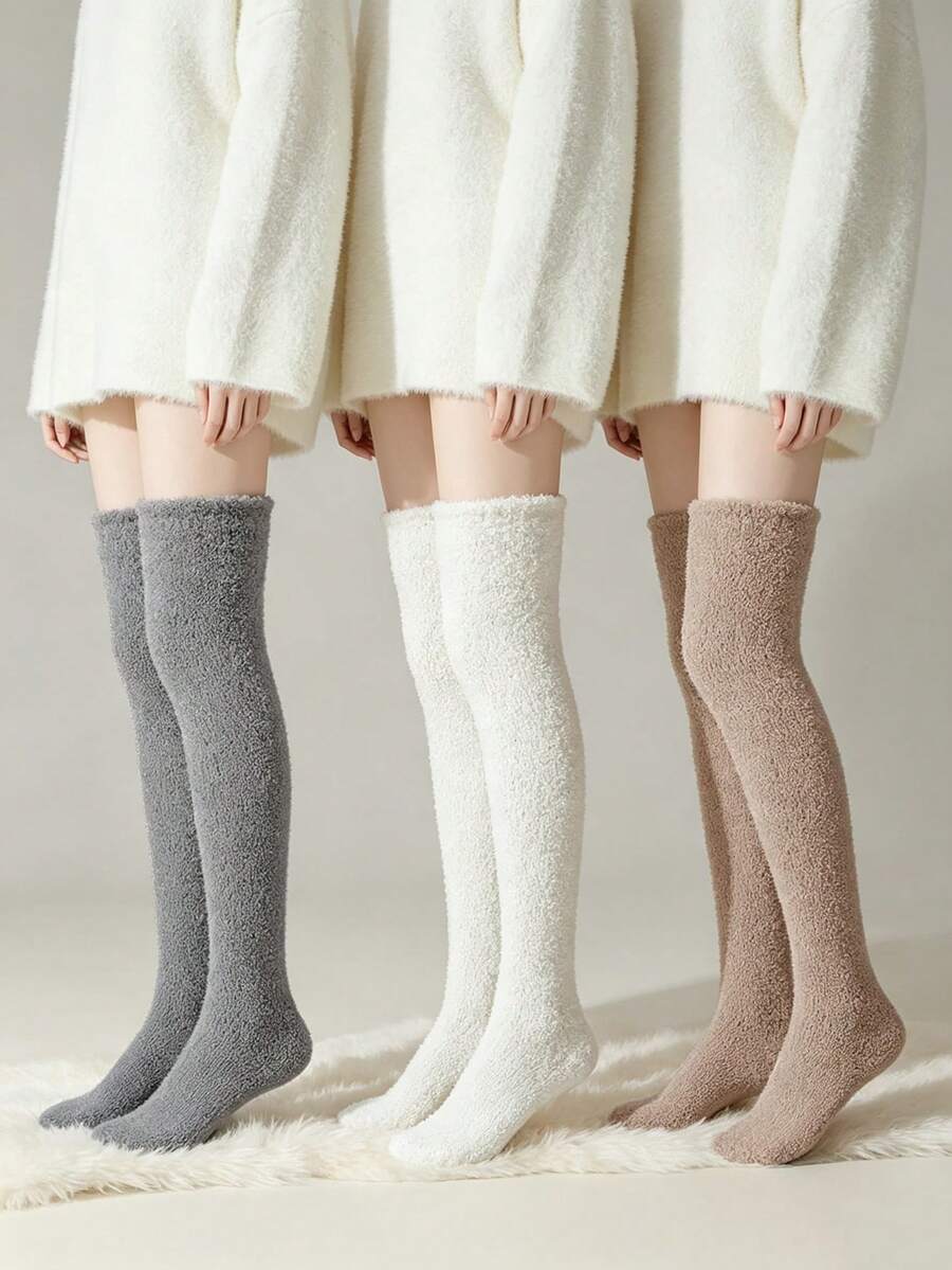 3 Pairs Women's Winter Coral Fleece Over-The-Knee Long Socks, Thickened Warm Fuzzy Slouch Socks, Soft Cozy Home Sleep Leg Warmers, Grey White Coffee Gentle Solid Colors, High-Top Calf Wrap Windproof Cold-Resistant, Elastic Cuff Non-Tight, Home Warmth - Multicolor - View 1