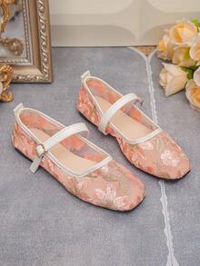Women's Lace Embroidered Floral Mesh Buckle Low Heel Square Toe Flat Ballet Shoes, Elegant Style, Spring/Summer Daily Commute Wear, Pink, Plus Size 35-45, Random Floral Pattern - Pink With Bronze Large Flower - View 7