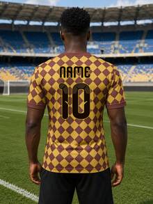 1pc Men's Vintage Argyle Football Jersey, Round Neck, Comfortable And Soft, Customizable Name, Number, Logo, Team Or Sponsor, Suitable For Team/Fan, Sports/Casual Gift - Yellow - View 3