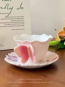 Hand-Painted 3D Butterfly Ceramic Tea Cup And Saucer Set, Butterfly Spoon, Embossed Pink Coffee Cup, Elegant Afternoon Tea Tableware, Home Cafe Decor, Birthday Gift, Housewarming Gift - Multicolor - View 1