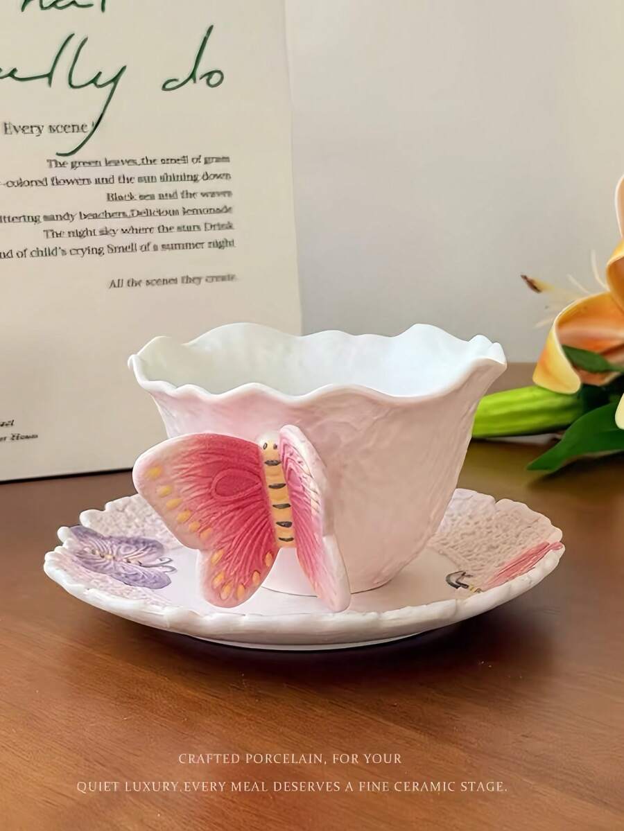 Hand-Painted 3D Butterfly Ceramic Tea Cup And Saucer Set, Butterfly Spoon, Embossed Pink Coffee Cup, Elegant Afternoon Tea Tableware, Home Cafe Decor, Birthday Gift, Housewarming Gift - Multicolor - View 1