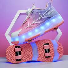Unisex LED Rechargeable Light-Up Roller Shoes, Children's Multi-Function Transformable Roller Skates With Detachable Wheels, Suitable For Outdoor And Sports, All Seasons - Pink - View 6