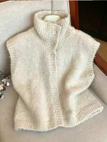 Women's Collared Front Button Sleeveless Knit Sweater Vest, Textured Fuzzy Knit, Casual Autumn/Winter Layering Vest - Beige - View 4