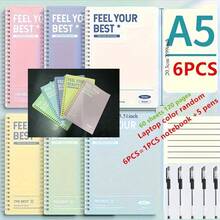 6 buah/Set, Termasuk 1 Buku Catatan dengan Warna Acak + 5 Pulpen, Buku Catatan Sampul Keras Minimalis Pastel A5, Halaman Sobek dengan Garis Horizontal/Vertikal, Perlengkapan Kantor & Belajar yang Tahan Lama, Hadiah Natal yang Sempurna, Buku Catatan yang Lucu - MultiWarna - View 10