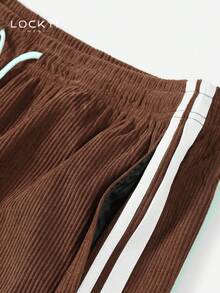 1pc Men's Simple College Style Corduroy Comfortable Loose Drawstring Straight Leg Casual Long Pants - Brown - View 4