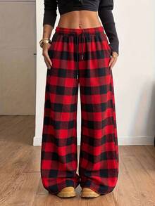 Plaid Drawstring Elastic Waist Wide Leg Pants, Women's Casual Loose Straight Leg Long Pants, Red - Red - View 3
