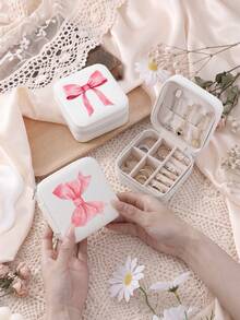 Bow Print Jewelry Organizer Display Travel Jewelry Zipper Case Boxes Earrings Necklace Ring Portable Jewelry Box Leather Storage - White - View 3