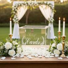 Transparent Acrylic Willow Leaf & Wheat Ear Carved Cards Wedding Greeting Card Storage Box With Metal Lock, Guest Blessing Card Collection Box, Lawn Wedding Engagement Party Birthday Party Sign-In Message Display Box - 1PC - View 3