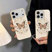 1pc TPU Material Vintage Brown Tone Star Moon Butterfly Galaxy Pattern Phone Case Suitable For IPhone 17 Pro Max/17/16 Pro Max/15/13/12/11/ S20 FE/A15/S24/A55/ Note 11/Note 12/Note 13 Pro Full Coverage Anti-Drop Soft Shell Phone Protective Cover - White - View 5