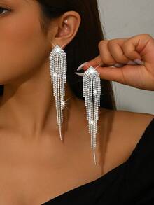 1 Pair Long Tassel Earrings + 1 Piece Waterfall Layered Tassel Necklace Bridal Wedding Jewelry Set, Suitable For Daily Wear, Banquet, Party/Gift - Silver - View 7