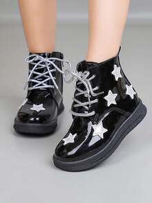 Girls' Shiny Boots With Silver Star Decor, Lace-Up And Side Zipper, Non-Slip Ankle Boots - Black - View 5