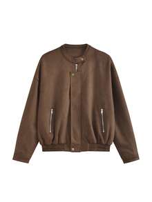 Vintage Stand Collar Zipper Motorcycle Jacket For Women - Khaki - View 5