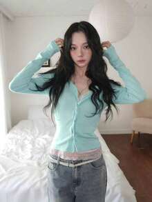 Fashion Korean Style Button Long Sleeve Knit Cardigan - Mint Green - View 1
