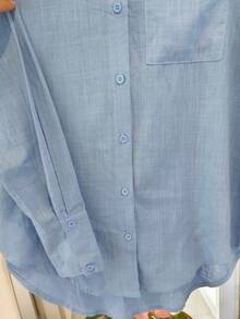 Women's Long Sleeve Button-Down Shirt - 藍色亞麻 - 查看 3