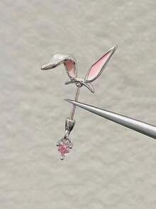 1pc Cute Sweet Pink Rabbit Ear Stud Earring, Versatile Cartilage Earring For Women (Single) - Silver - View 3