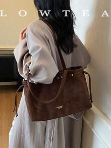 low tea 1pc Minimalist Fashion Suede Fabric Shoulder Small Tote Bag, Suitable For Commuting, Shopping, Etc. - Coffee - View 7