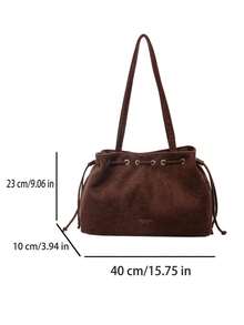 low tea 1pc Minimalist Fashion Suede Fabric Shoulder Small Tote Bag, Suitable For Commuting, Shopping, Etc. - Coffee - View 3
