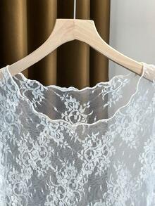 White Floral Lace Long Sleeve Top With Ruffled Collar, Gentle Style Hollow Mesh Daily Commute Sun Protection Base Layer - White - View 5