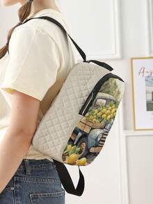 1pc Rhombus Pattern Backpack, School Bag, Storage Bag, Travel Storage Backpack, Fruit Print Design, Large Capacity Foldable Easy Storage Bag, Lightweight Burden Reduction, Reinforced Double Shoulder Straps + Zipper Closure, Large Capacity Storage More Organized, Convenient And Practical For Accessing Items, Can Be Used As Student School Bag, Girl's Commuter Backpack, Short Trip Bag, Campus Casual Backpack, Suitable For School Books, Daily Commute, Outdoor Travel - Multicolor - View 7