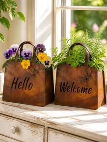 3pcs/1pc Vintage Rusty Metal Hanging Flower Basket, Double-Sided Hello & Welcome Design, Suitable For Garden, Yard, Wall, Indoor And Outdoor Decoration - Style Random - View 5