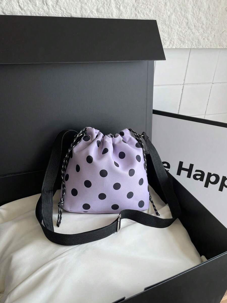 1 pieza Bolso cubo de nailon de unicolor con cordón y patrón de lunares, bolso bandolera para mujer - Púrpura malva - Ver 1
