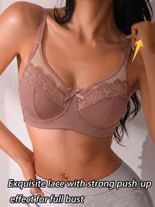 1pc Lace Patchwork Sexy Women's Bra, Wire-Free Casual Comfortable Bralette With Back Design, Thin Sports - Brown - View 3