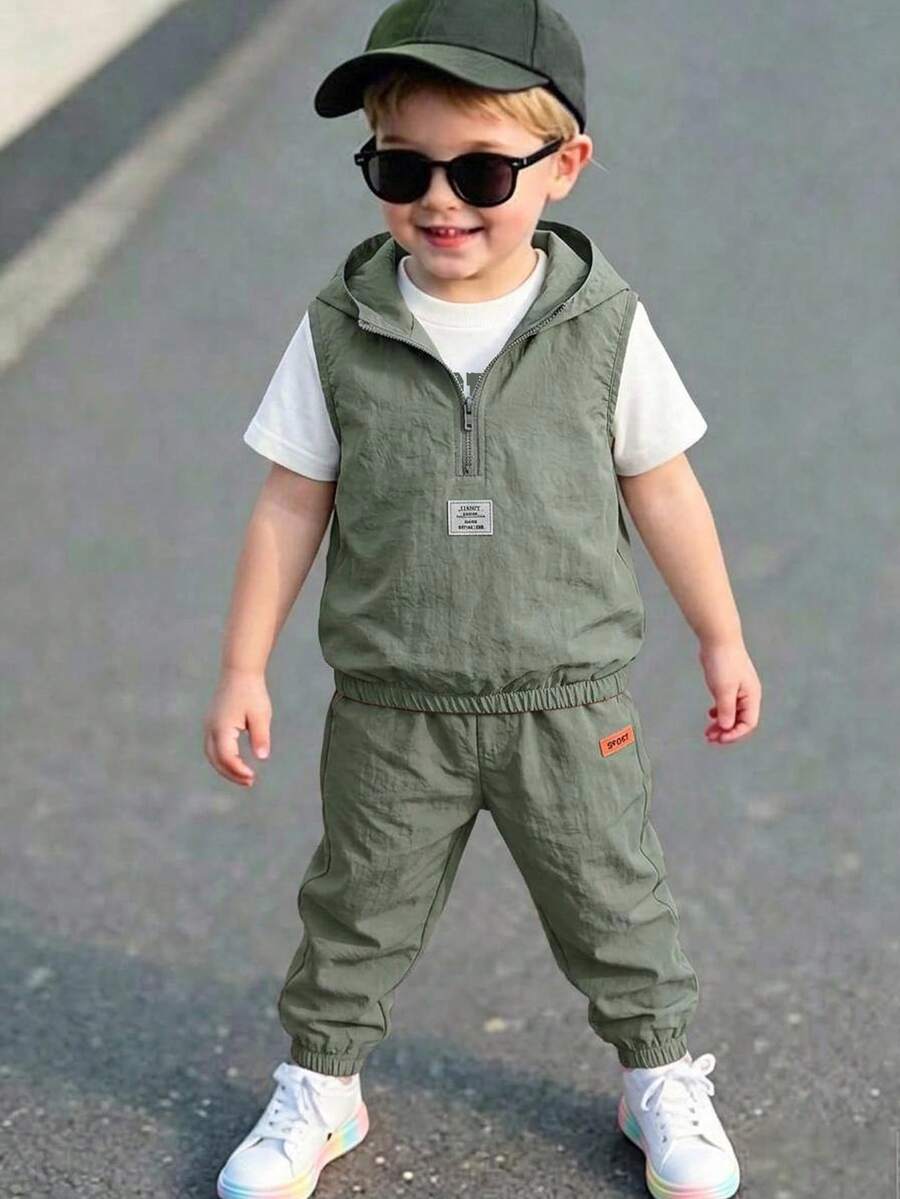 Young Boy Cartoon Print Round Neck Short Sleeve Top, Pants, And Hooded Vest Set - Green - View 1