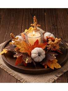 1pc Fall Candle Ring Wreath, Autumn Pumpkin Maple Leaf Table Centerpiece, Farmhouse Rustic Candle Holder Garland, Thanksgiving Dining Table Coffee Table Kitchen Cabinet Decoration, Seasonal Home Decor Gift - Multiple Styles - View 2